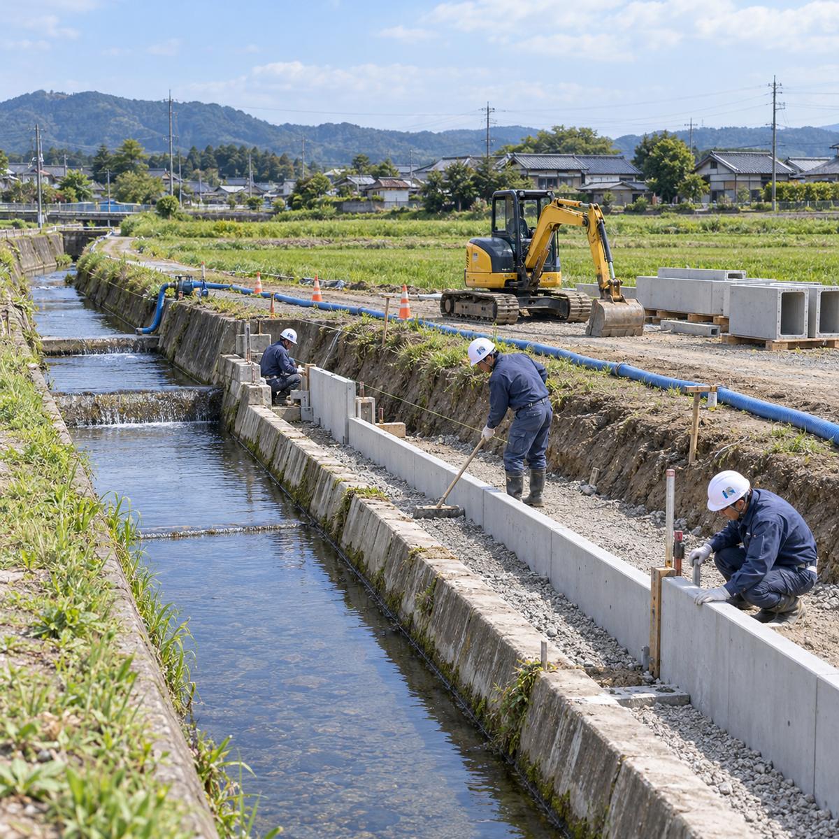 水路の改修工事の現場の全景